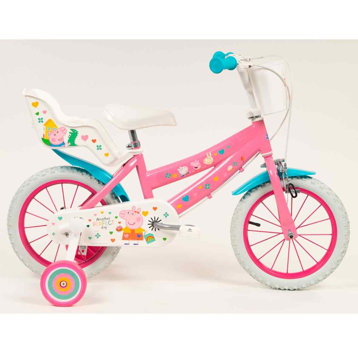 Pink Peppa Pig bicycle with 14-inch wheels, featuring a white seat with character graphics, colorful decals, and training wheels for stability.