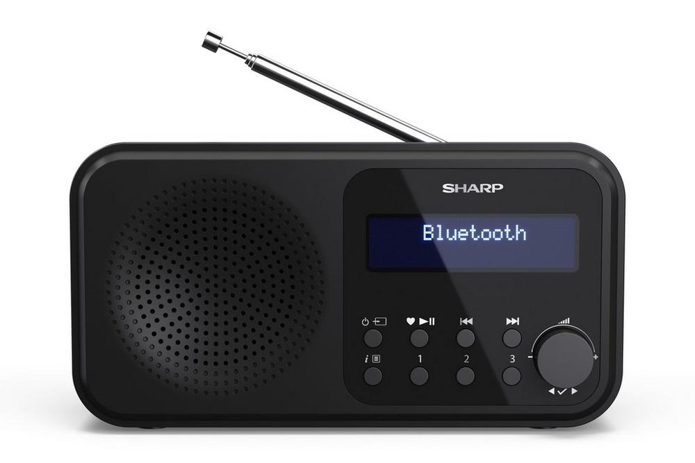 Black Sharp DR-P420(BK) digital radio with DAB/DAB+ and FM, featuring Bluetooth connectivity, a digital display, control buttons, and an extendable antenna.