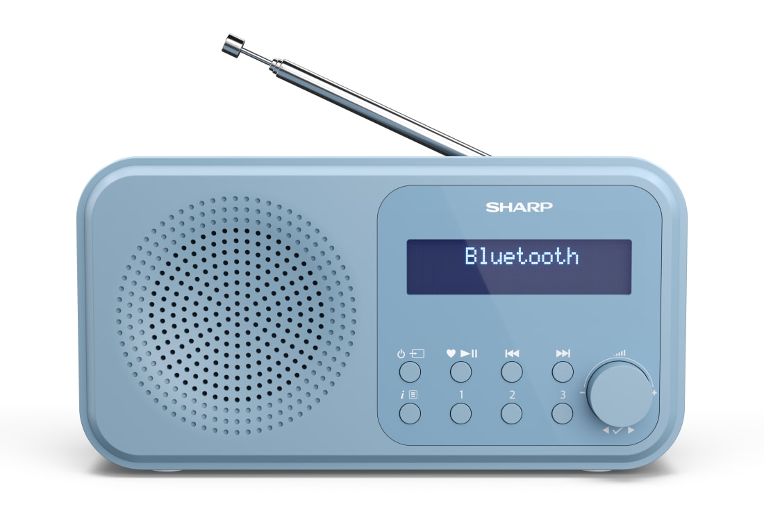 Blue Sharp DR-P420 digital radio with DAB/DAB+ and FM, featuring Bluetooth connectivity, a speaker grille, an antenna, and a simple control panel with buttons and a dial.