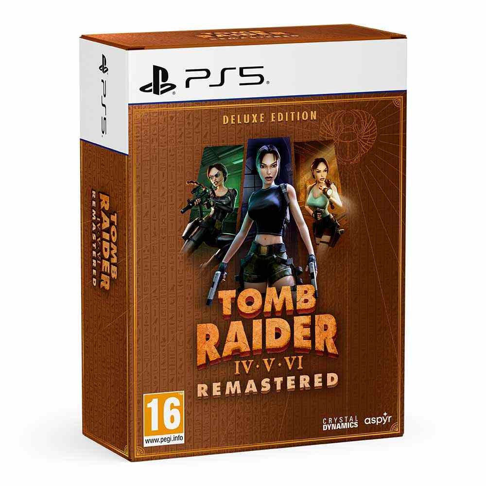 Tomb Raider IV-VI Remastered Deluxe Edition for PlayStation 5 features a vibrant orange box with iconic character artwork and a glossy finish, showcasing the game's title prominently.