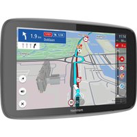 TomTom GO Expert Plus 6" GPS with touchscreen, displaying a detailed map and navigation route on a sleek black frame.