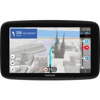 Black TomTom GO navigator with 6" touchscreen displaying a 3D city map and route guidance.