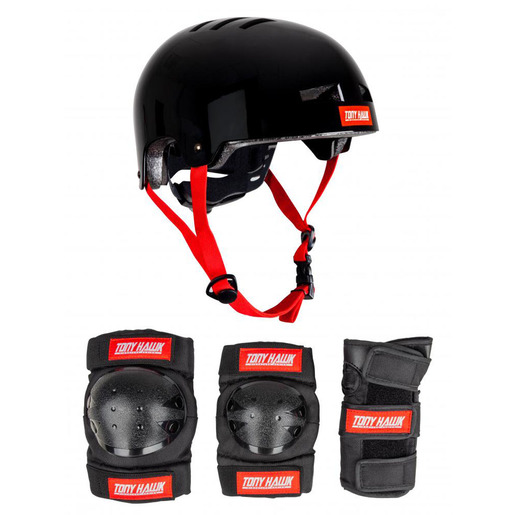 Black helmet with red straps and Tony Hawk logo, accompanied by black knee and elbow pads featuring protective plastic caps and adjustable Velcro straps.