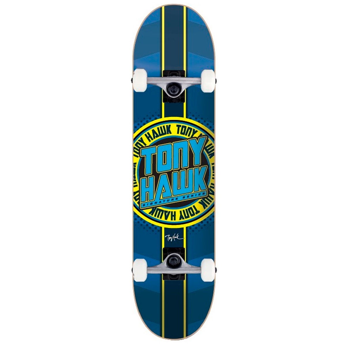 Multi-colored Tony Hawk SS 180+ complete skateboard featuring a blue deck with yellow and black stripes and a prominent circular logo with "Tony Hawk" text, equipped with white wheels.