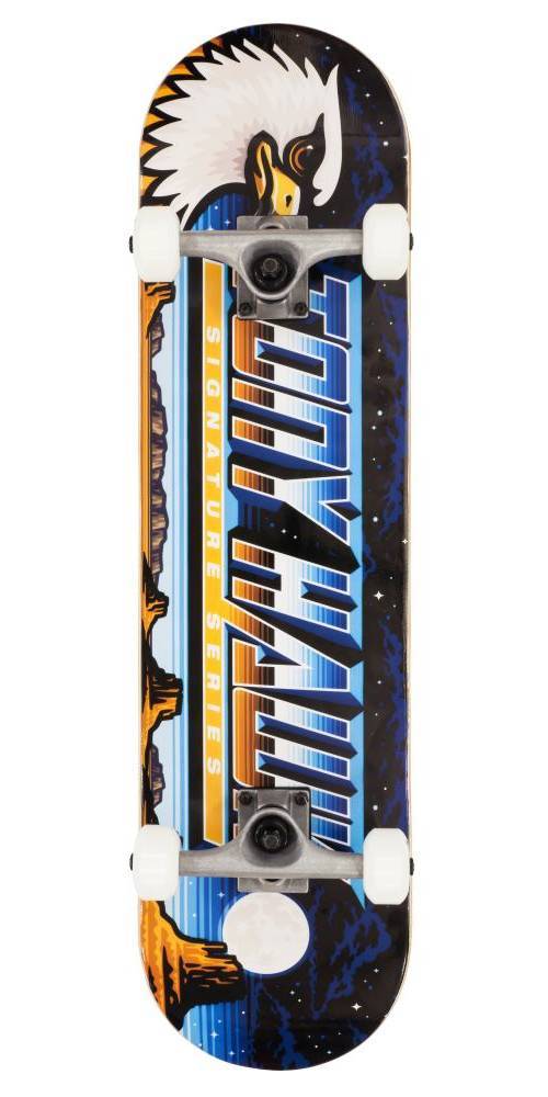 Tony Hawk Signature Series skateboard features a vibrant Moonscape design with a stylized eagle, blue and orange colors, and white wheels on a sturdy deck.