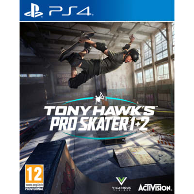 Cover art for "Tony Hawk's Pro Skater 1 & 2" on PlayStation 4, featuring a skater performing a trick in a graffiti-covered skate park, with bold text and vibrant colors.