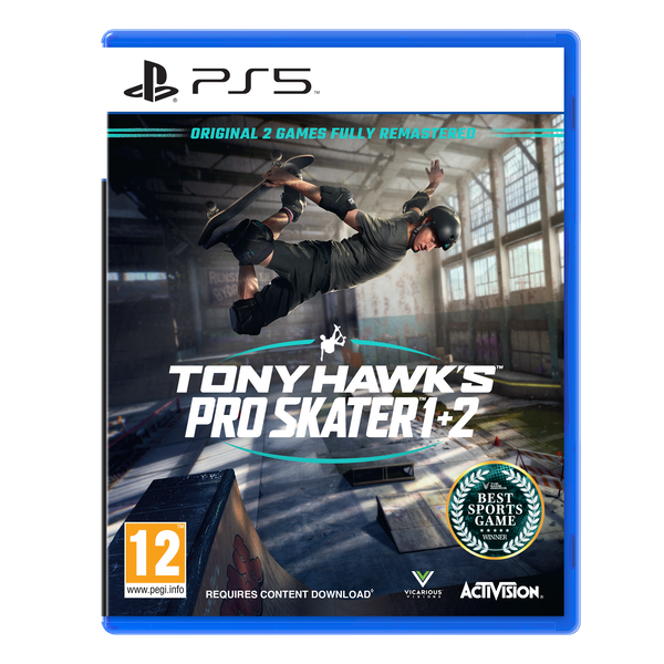 Cover art for "Tony Hawk's Pro Skater 1 & 2" on PS5, featuring a skater performing a trick in an urban setting, with a blue case and vibrant graphics highlighting key features.