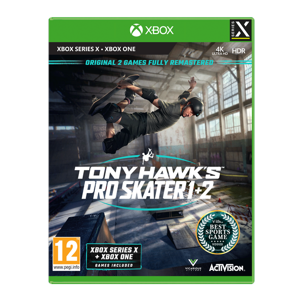 Green Xbox Series X game case featuring "Tony Hawk's Pro Skater 1 & 2," showcasing a skater performing a trick, with 4K Ultra HD and HDR labels prominently displayed.