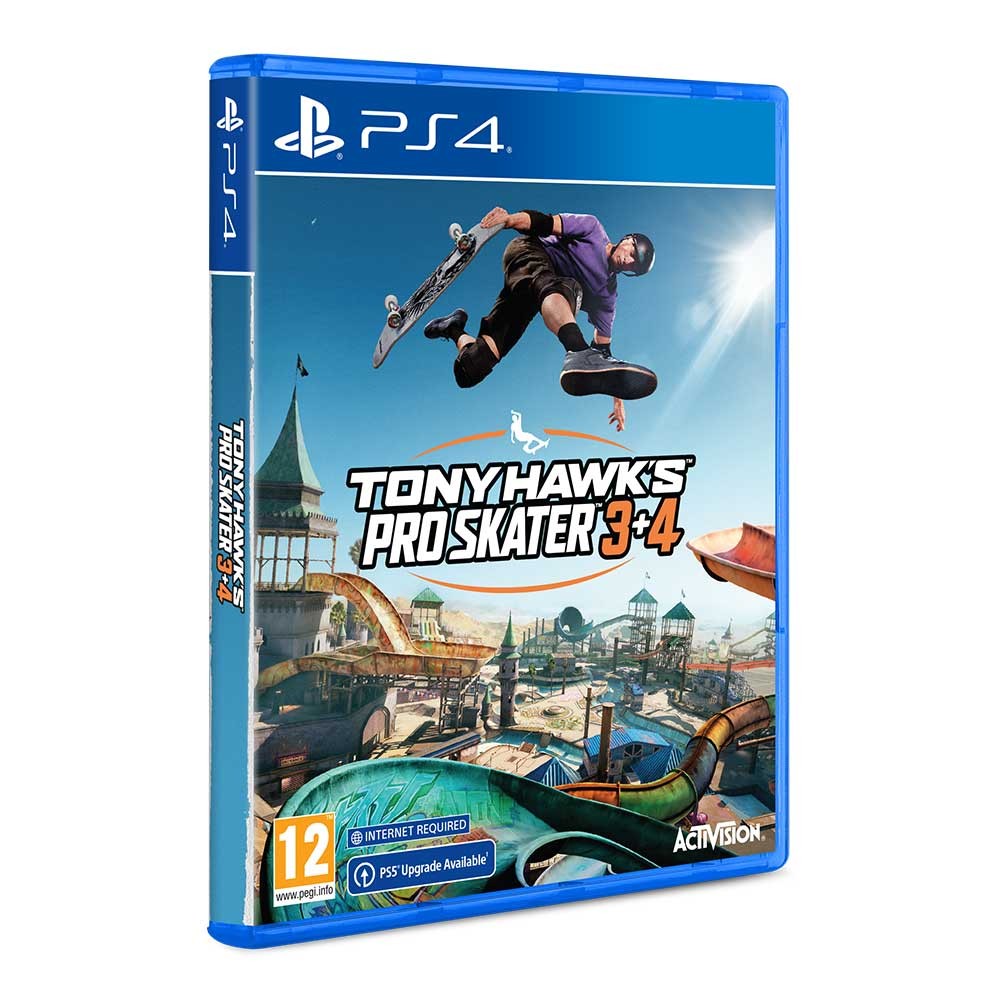 Tony Hawk's Pro Skater 3+4 for PlayStation 4 features a vibrant blue case, showcasing a skater performing a trick over a colorful skatepark background, with the Activision logo prominently displayed.