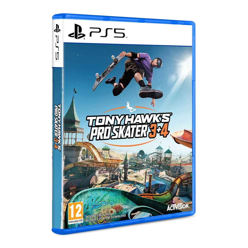 Tony Hawk's Pro Skater 3+4 for PS5 in a blue case, featuring a skateboarder performing a trick on the cover, with vibrant colors and the Activision logo prominently displayed.