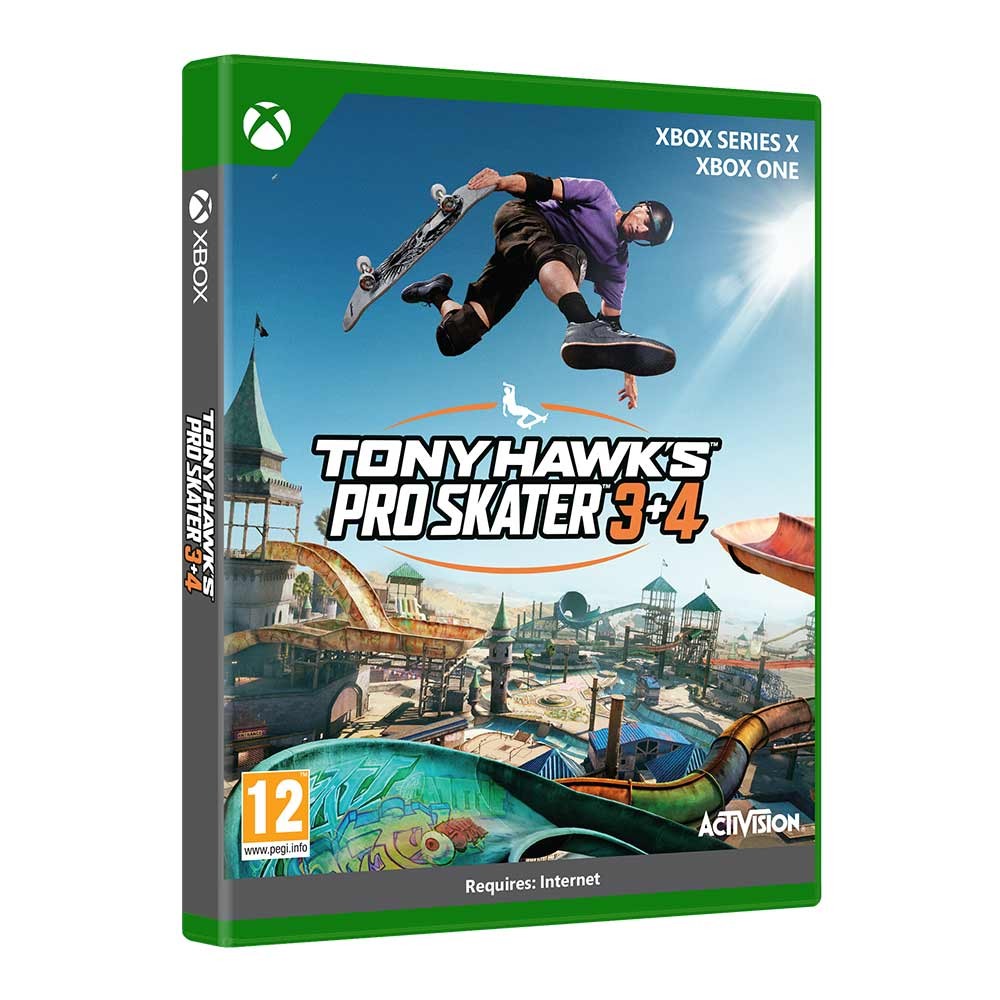 Green Xbox game case featuring "Tony Hawk's Pro Skater 3+4" title, with a skateboarder performing a trick above vibrant skate park graphics.