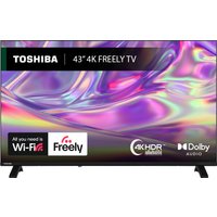 Toshiba 43" 4K Ultra HD Smart TV with Wi-Fi, sleek black frame, vibrant display, HDR, Dolby Audio logos.