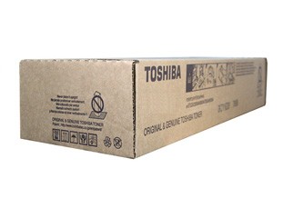 Toshiba toner box in brown cardboard, labeled "Toshiba" with product details, designed for magenta toner, capable of printing 17.4K pages for compatible Toshiba printers.