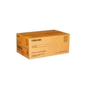 Brown cardboard box labeled "Toshiba" containing magenta toner, model T-FC25EM, capable of printing 26.8K pages at 6% coverage.