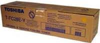 Toshiba yellow toner cartridge box labeled "T-FC25EY," featuring a brown cardboard exterior with product details and a warning symbol, designed for 26.8K pages at 6% coverage.
