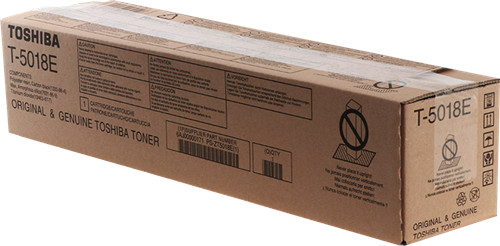 Brown cardboard box labeled "Toshiba T-5018E Toner Black," indicating it prints 43.9K pages at 5%, with various product details and warnings printed on the sides.