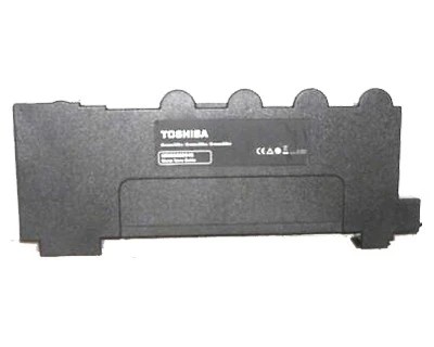 Black toner waste box by Toshiba, model TB-FC338, designed for 25,000 pages, featuring a sturdy plastic construction with a label on the front.