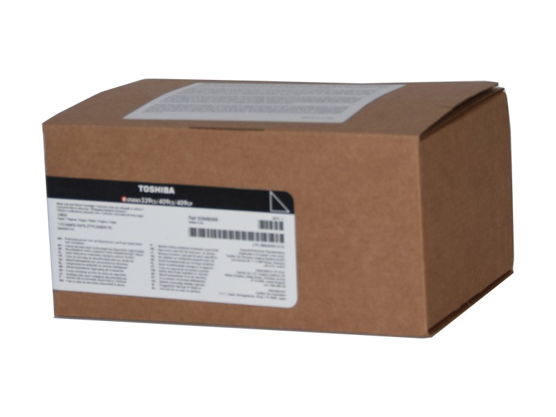 Brown cardboard box containing Toshiba toner, labeled with product details, barcode, and specifications, designed for Toshiba E-series printers, with a page yield of 15.8K.