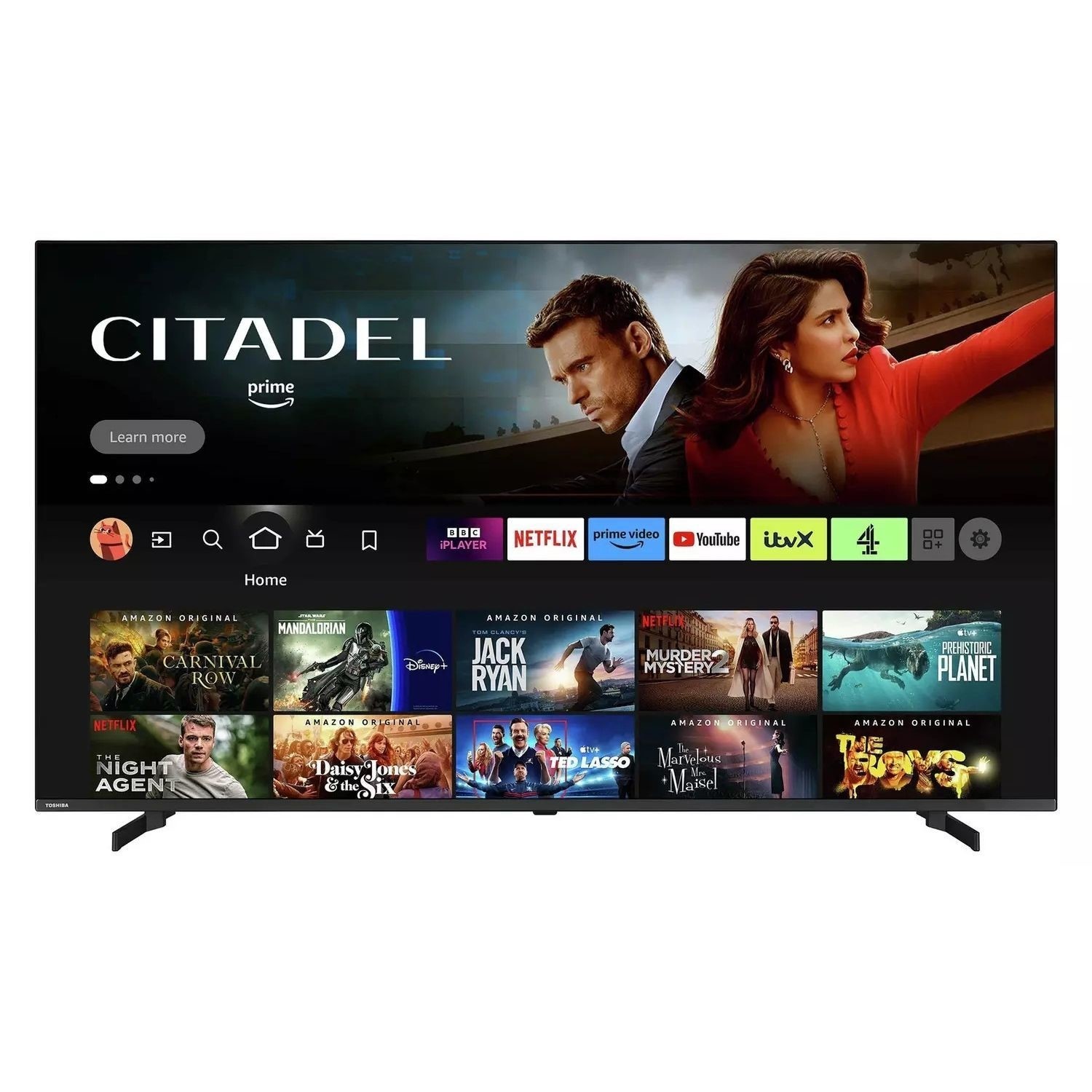70" Toshiba 4K Ultra HD Smart TV in black and grey, featuring a sleek design, Wi-Fi connectivity, and displaying the "Citadel" series on a vibrant screen with various app icons below.
