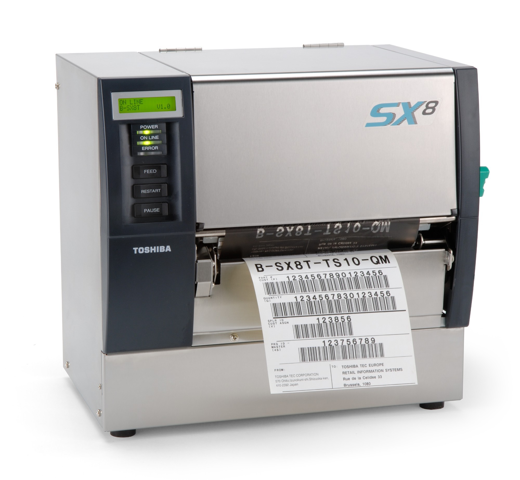 Toshiba B-SX8T industrial label printer in silver and black with a control panel, featuring a green power button, and a printed label emerging from the front.