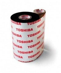 Black thermal-transfer roll with a glossy finish, measuring 55mm x 600m, featuring repeated red "Toshiba" branding on a white background.