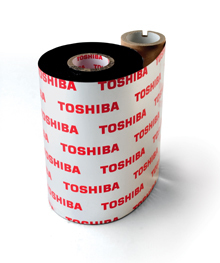 Black thermal-transfer roll with a glossy finish, featuring red "TOSHIBA" branding on a white background, measuring 76mm x 600m.