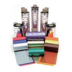 Toshiba BX760076SG2 black wax resin thermal-transfer roll, 76mm x 600m, surrounded by various colorful thermal-transfer ribbons in different widths and materials.