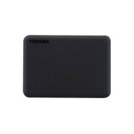 Toshiba Canvio Advance 1 TB external hard drive in sleek black with a textured surface, featuring the Toshiba logo on the top and a compact 2.5-inch design.
