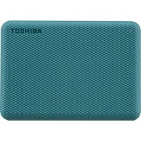 Green Toshiba Canvio Advance 1TB external hard drive with textured surface and compact rectangular design.