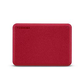 Toshiba Canvio Advance 1 TB external hard drive in vibrant red, featuring a textured surface and sleek, compact design with the Toshiba logo on the front.