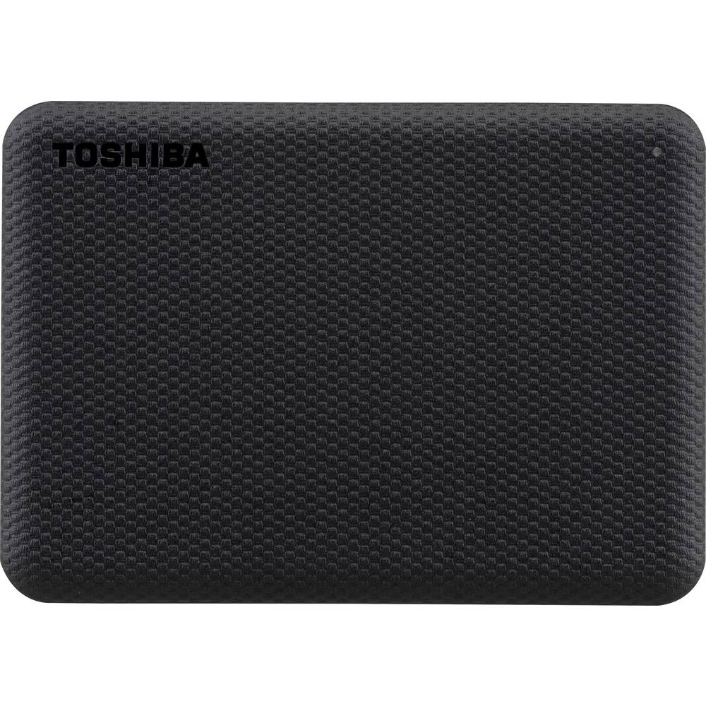 Toshiba Canvio Advance External Hard Drive in black, featuring a textured surface and sleek design, with a capacity of 2 TB for data storage.