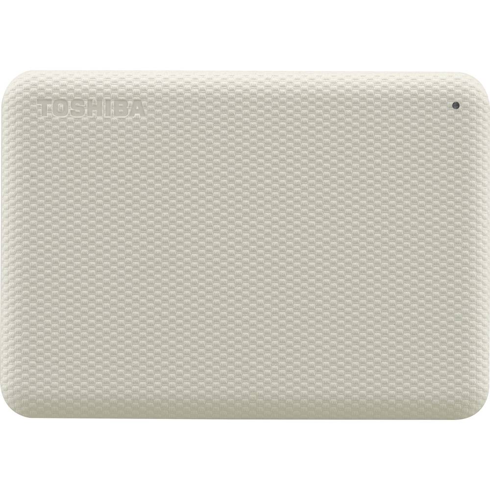 Toshiba Canvio Advance 2 TB external hard drive in white, featuring a textured surface with a subtle grid pattern and a small LED indicator light.