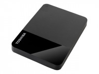 Toshiba Canvio Ready 2 TB external hard drive in sleek black with a glossy top surface and rounded edges, featuring the Toshiba logo prominently displayed.