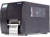 Toshiba EX4T2 thermal transfer printer in black, featuring a control panel with buttons and a display, and a label being printed from the front.