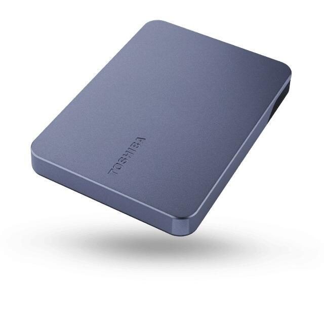 Toshiba HDTX220EK3AA external hard drive in sleek dark blue, 2 TB capacity, 2.5 inches in size, featuring a smooth metal finish and USB Type-A 3.2 connectivity.