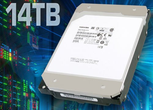 Toshiba MG07ACA14TE internal hard drive with a silver metal casing, 14 TB capacity, 7200 RPM speed, and a 256 MB cache, set against a colorful digital background.