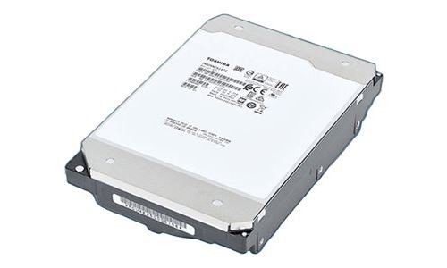 Toshiba MG09 internal hard drive in silver and black, featuring a 16 TB capacity, 7200 RPM speed, and a 3.5" Serial ATA interface, with a white label on top.
