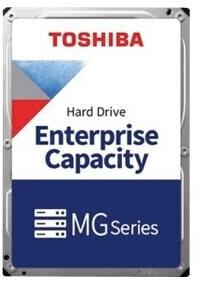 Toshiba 18TB Enterprise MG 3.5" SATA hard drive featuring a silver metal casing, red and blue logo, and bold text highlighting "Enterprise Capacity" and "MG Series."