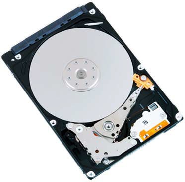 Toshiba MQ01ABF032 internal hard drive featuring a 320 GB capacity, 5400 RPM speed, 8 MB cache, and a sleek black casing with a shiny silver disk surface.