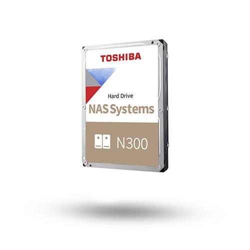 Toshiba N300 NAS hard drive with a silver metal casing, featuring a blue and red logo, and labeled "NAS Systems" in bold on a beige background.