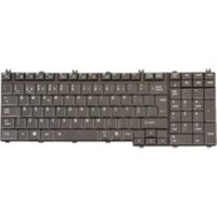 Black Toshiba P000658330 laptop keyboard with white lettering and function keys, designed for specific Toshiba models.