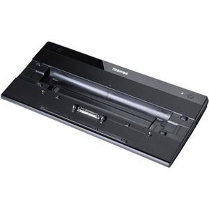 Black Toshiba PA3916E-1PRP notebook dock features a sleek design with a glossy finish, multiple ports for connectivity, and a secure slot for laptop docking.