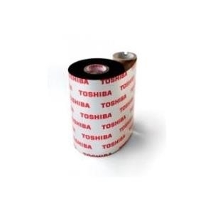 Black printer ribbon on a cardboard spool, featuring repeating red "TOSHIBA" branding, measuring 114mm x 600m, designed for use in Toshiba printers.