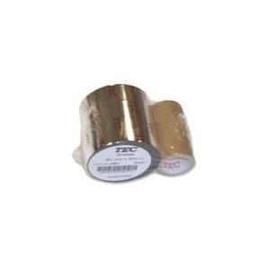 Toshiba TEC AG2 printer ribbon in metallic gold and silver colors, featuring two rolls wrapped in transparent plastic, labeled with the Toshiba logo and specifications.