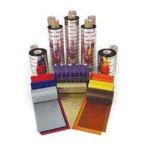 Toshiba TEC AG3 printer ribbons in various colors, including red, blue, gold, and silver, arranged around several cylindrical rolls with Toshiba branding.