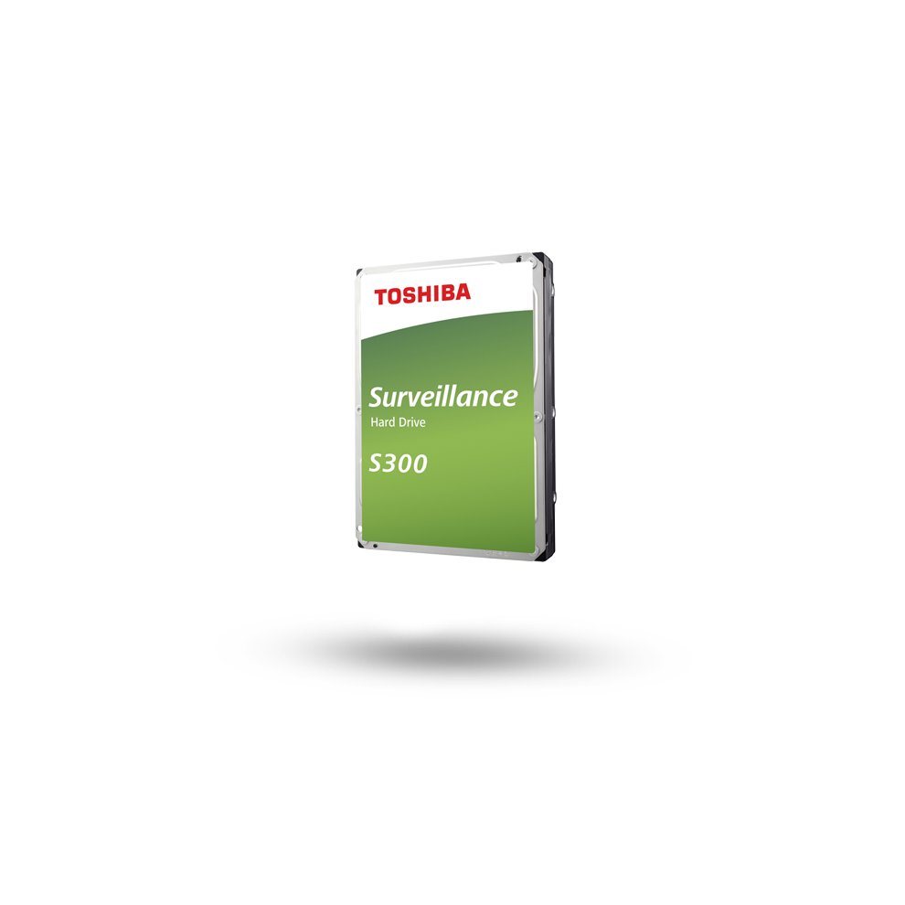 Toshiba V300 500GB 3.5" hard drive featuring a sleek, metallic casing with a green label, marked "Surveillance," and clear branding at the top.