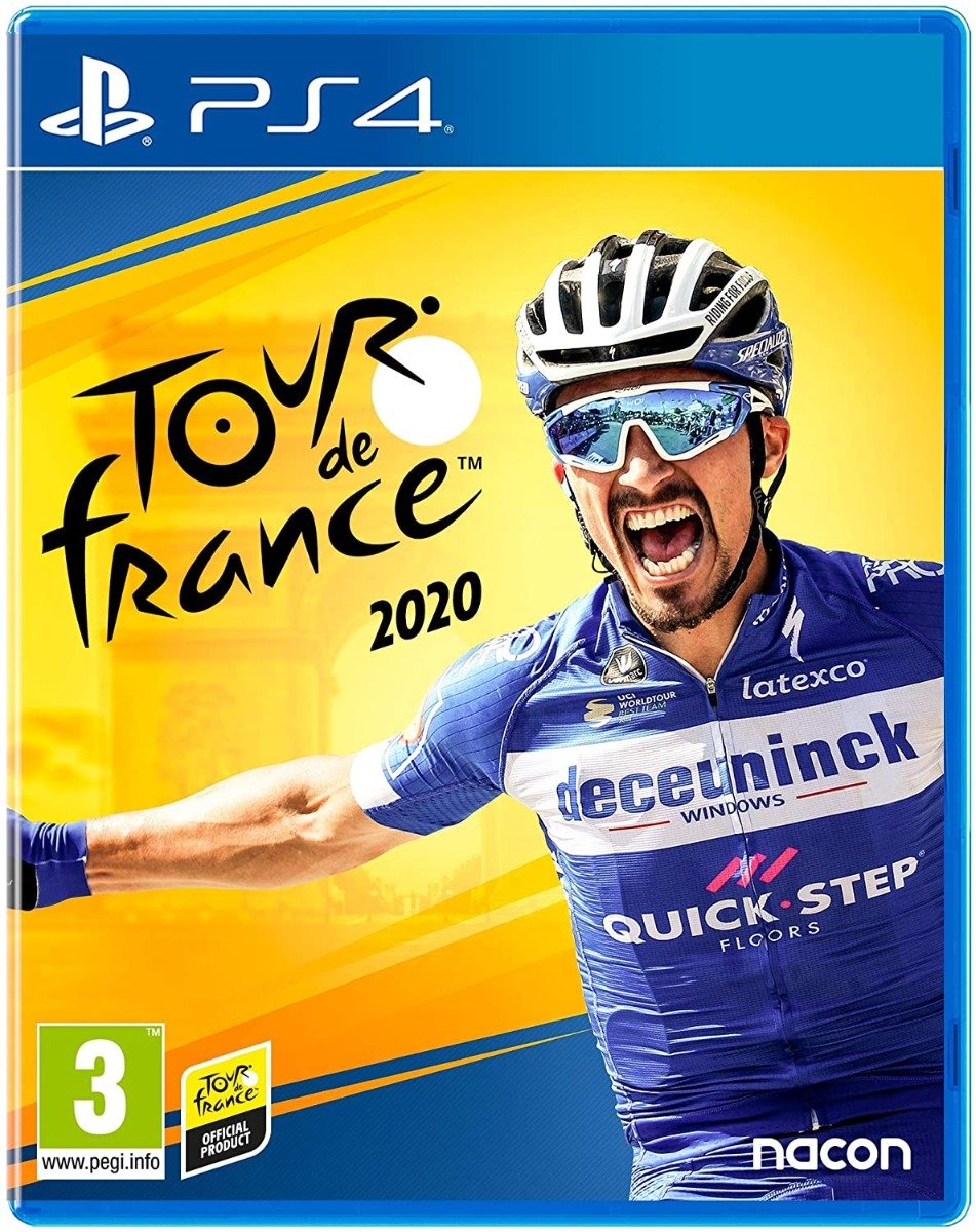 Bright yellow cover featuring a cyclist in a blue jersey celebrating, with "Tour de France 2020" prominently displayed, and the PlayStation 4 logo in the top left corner.