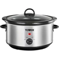Stainless steel Tower 3.5L slow cooker with black handles, glass lid, and front control dial.