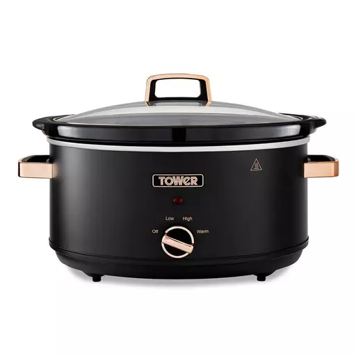 Black and rose gold Tower T16043BLK Cavaletto 6.5L slow cooker featuring a glass lid, control dial, and a sleek design with low and high heat settings.