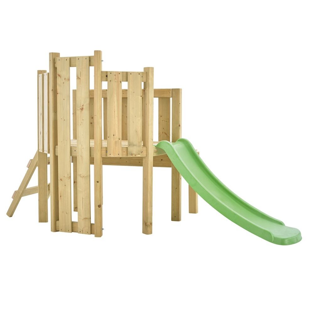 Wooden climbing frame in natural wood finish featuring a green slide and an open sandpit area, designed for outdoor play.